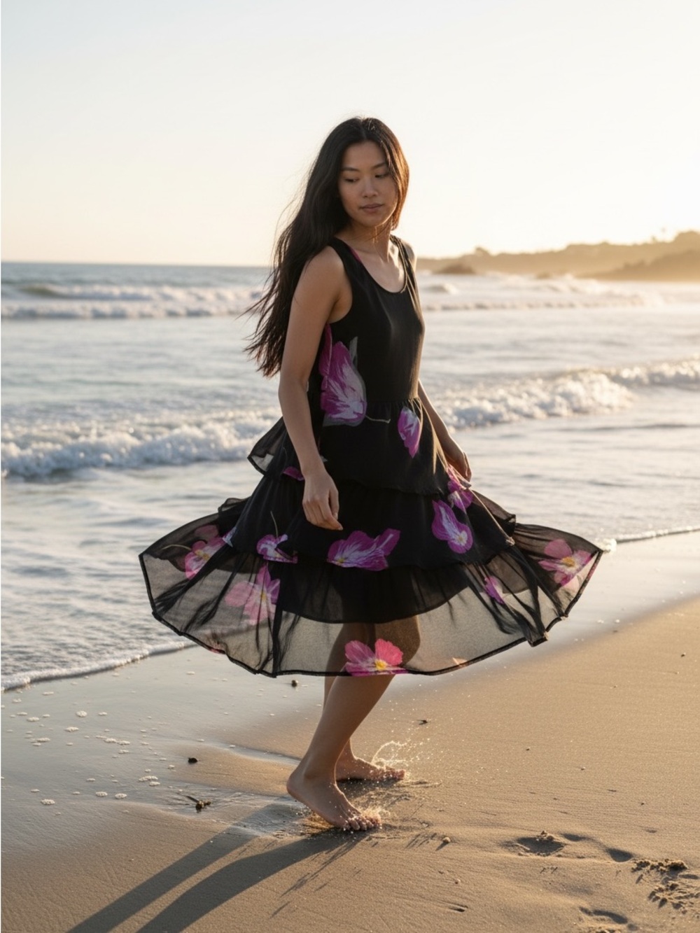 BELLESSA Vintage Whims goth Floral Chiffon Tiered Maxi Dress